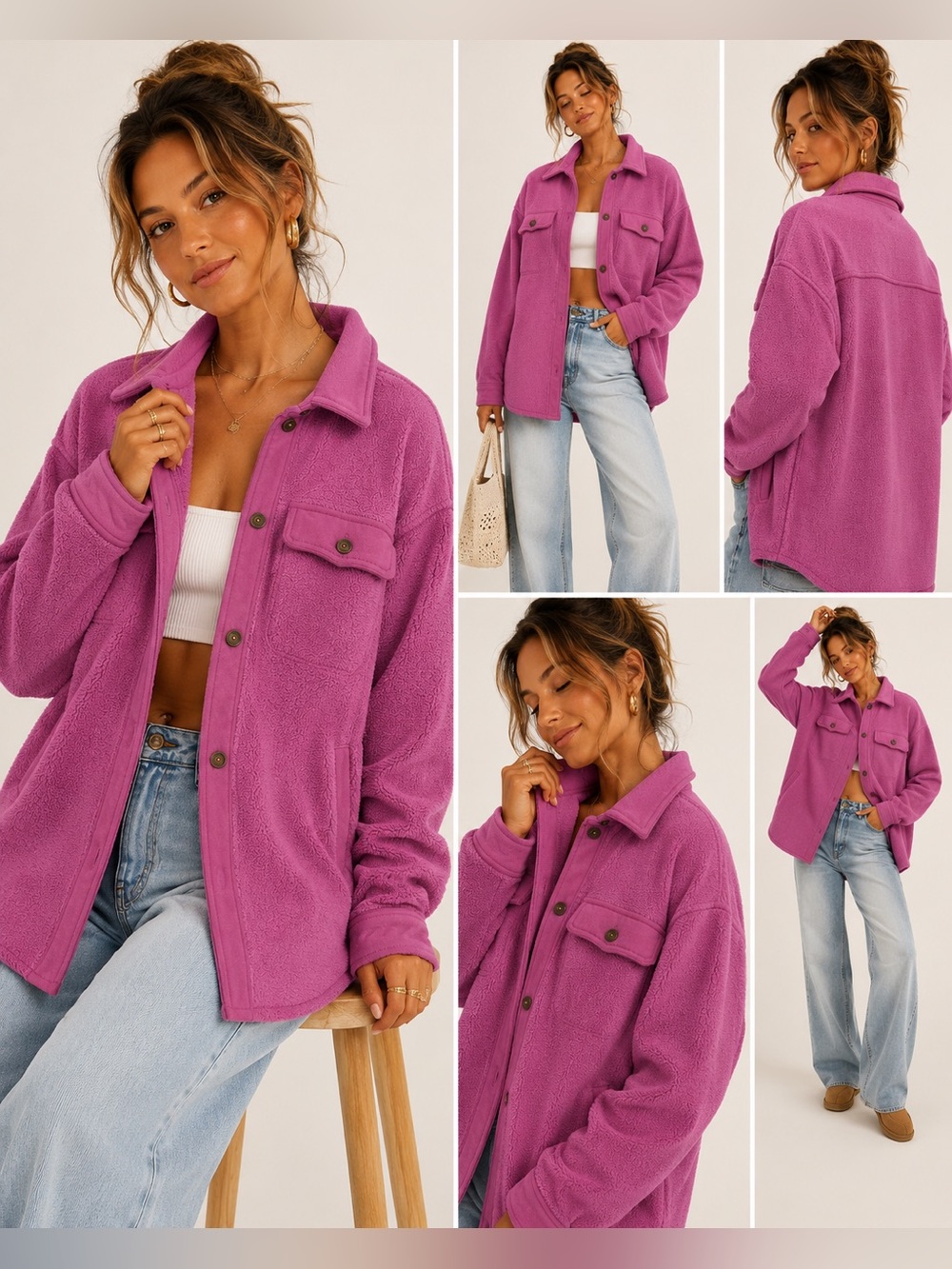 Free People Teddy Shacket in Bright Magenta